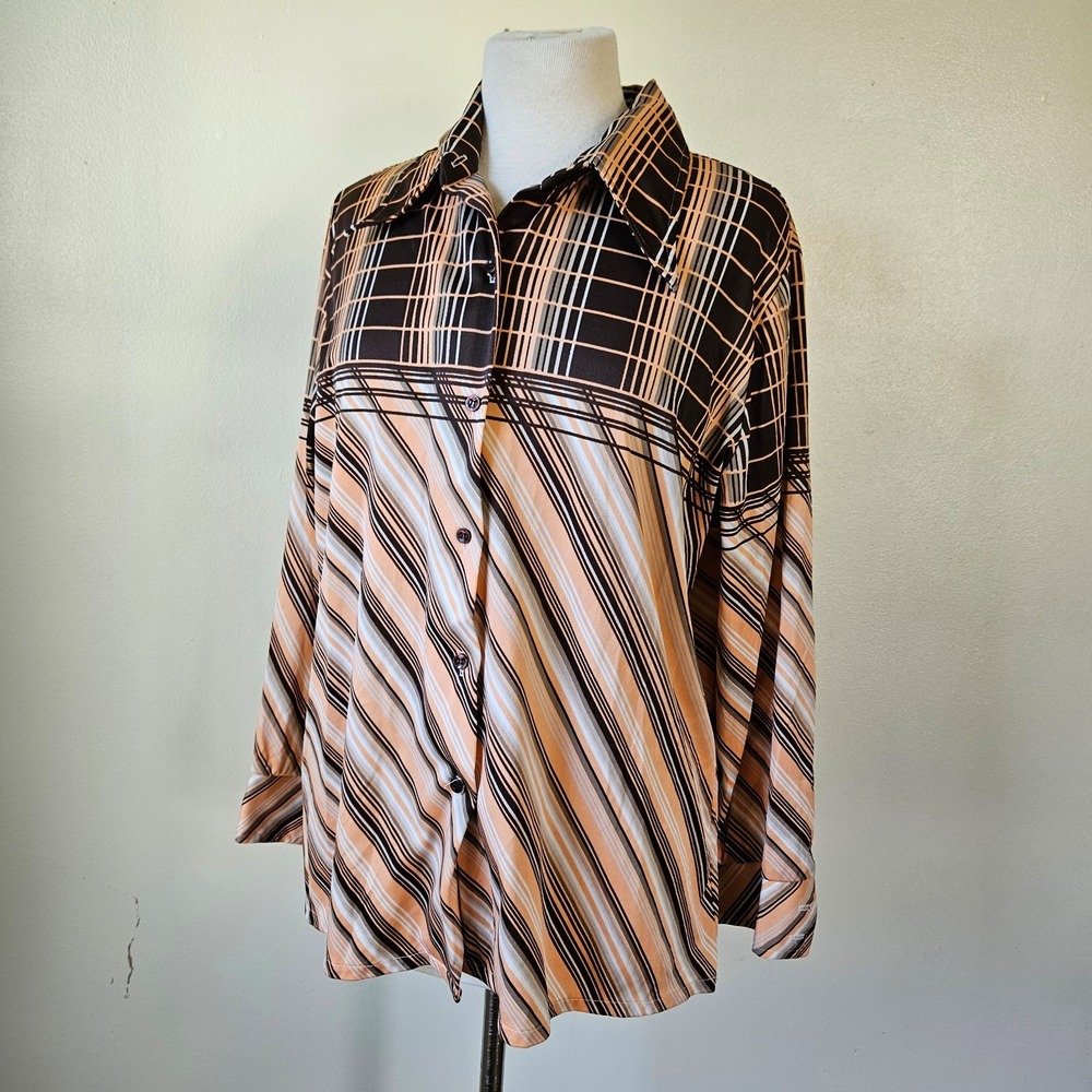 Vintage 70s Brown Peach Gray‎ Stripe Plaid Polyester Disco Dagger Collar Shirt L